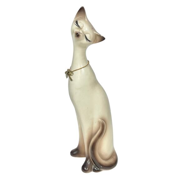 Vintage Ceramic Siamese Cat Figurine 12" Brown Cream Long Neck 1972 Damaged - Picture 1 of 12
